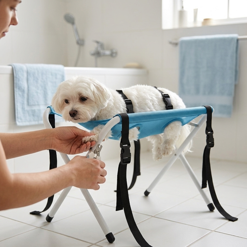 Small white dog resting calmly in the Pawrelia grooming hammock while its nails are trimmed