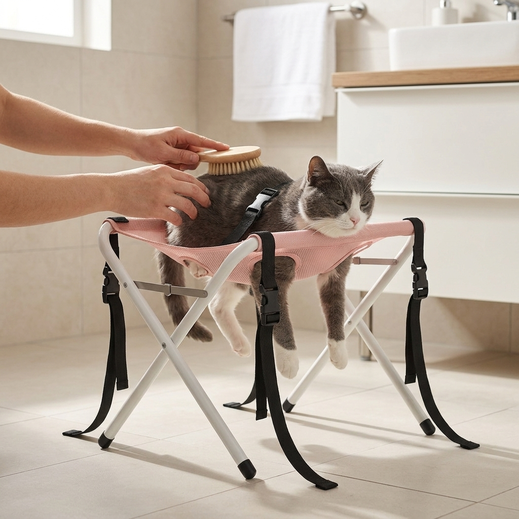 Cat calmly brushed while resting in the blush pink Pawrelia grooming hammock