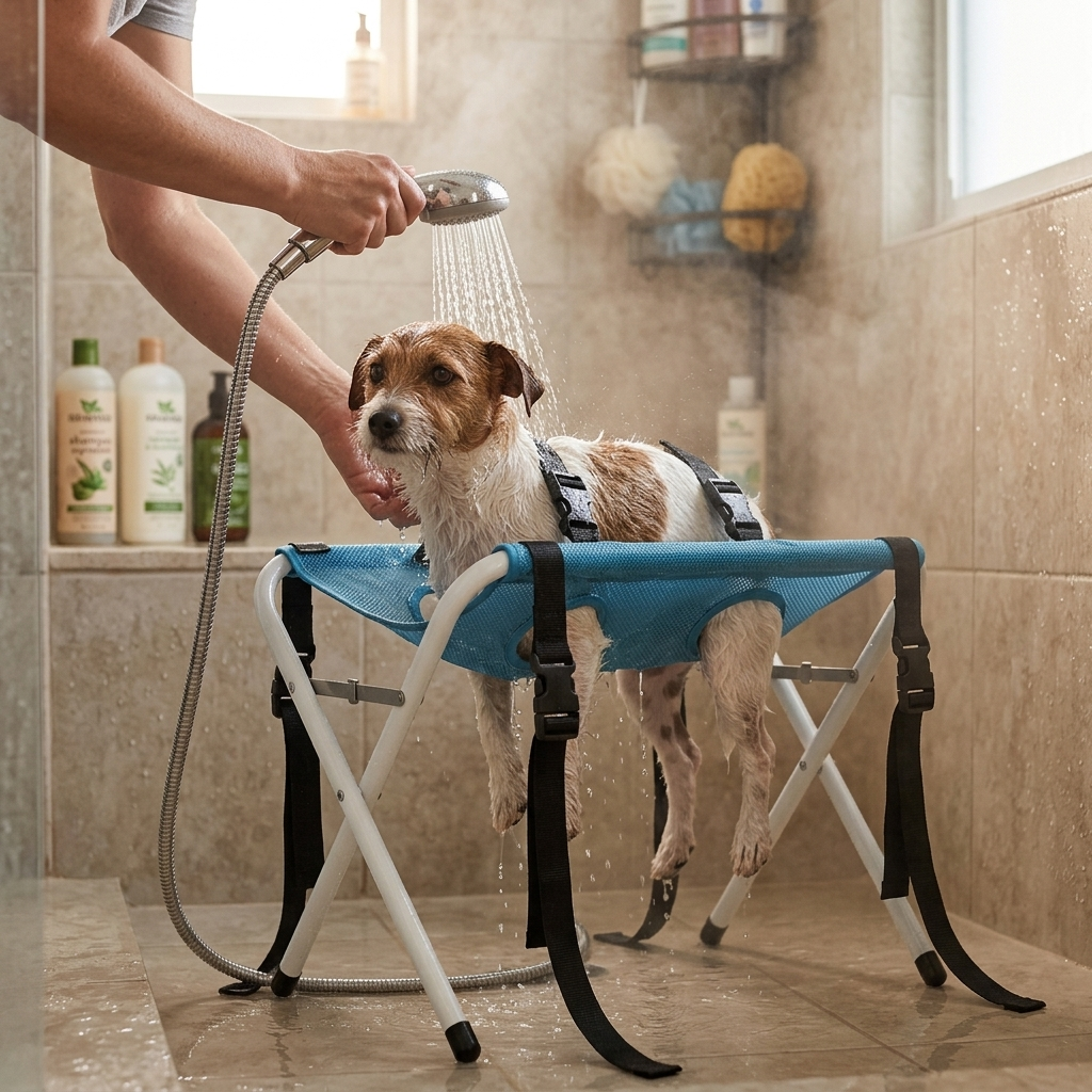 Terrier being rinsed with a shower head while supported in the Pawrelia grooming hammock
