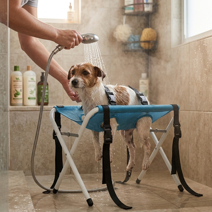 Terrier being rinsed with a shower head while supported in the Pawrelia grooming hammock